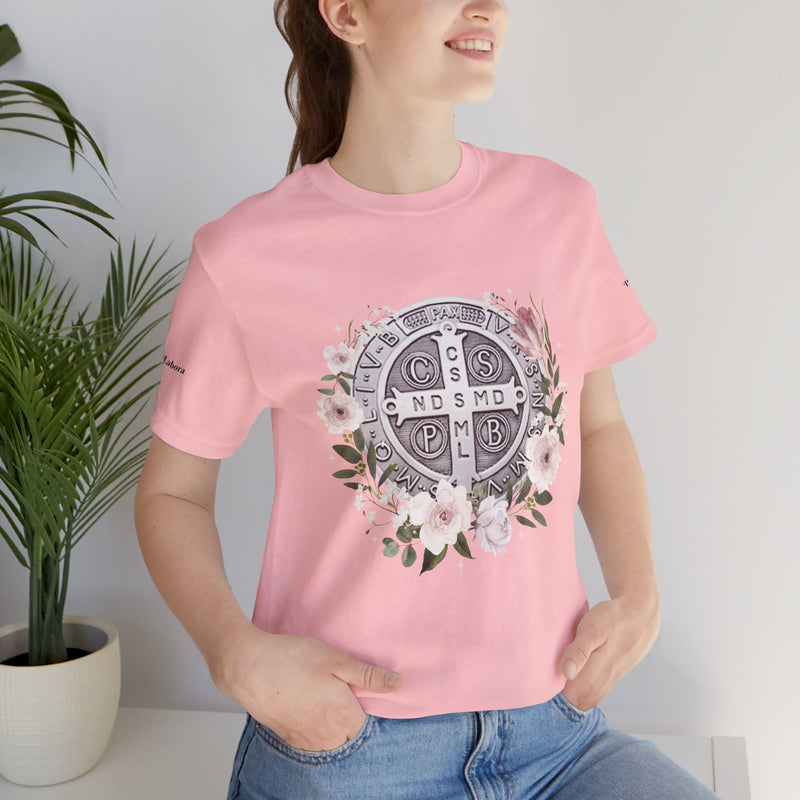 Benedictine Medal T-Shirt – Catholic Faith Floral Tee with Ora et Labora/Prayer and Work