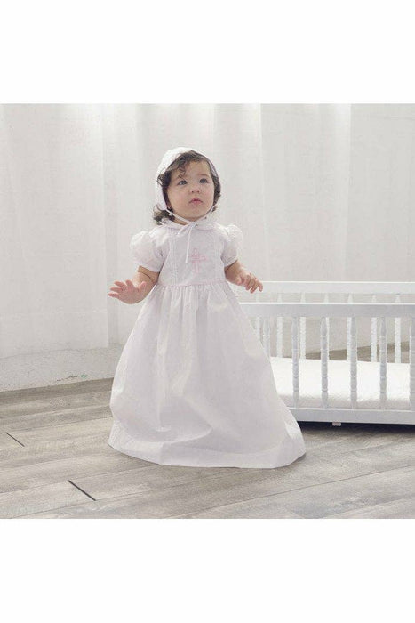 Baby Girl Pink Embroidered Cross Christening Gown + Bonnet