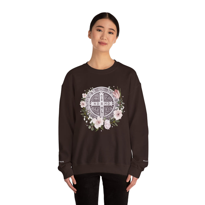 Benedictine Medal Crewneck Sweatshirt – Catholic Faith Floral Design w/ Ora et Labora/Prayer and Work