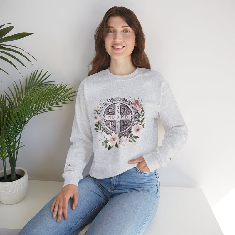 Benedictine Medal Crewneck Sweatshirt – Catholic Faith Floral Design w/ Ora et Labora/Prayer and Work