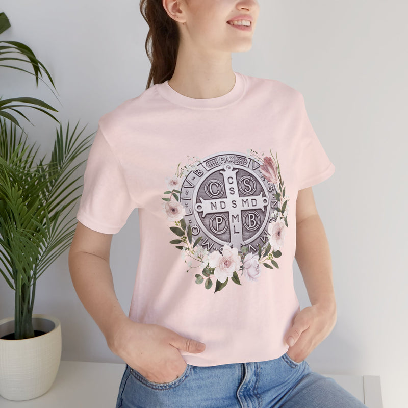 Benedictine Medal T-Shirt – Catholic Faith Floral Tee