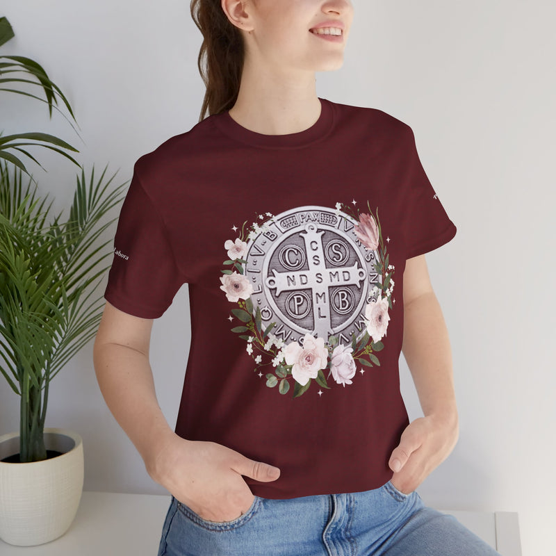 Benedictine Medal T-Shirt – Catholic Faith Floral Tee with Ora et Labora/Prayer and Work