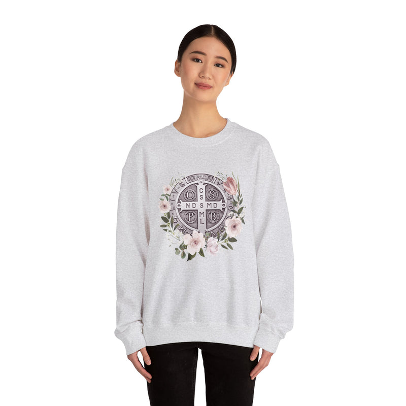 Benedictine Medal Crewneck Sweatshirt – Catholic Faith Floral