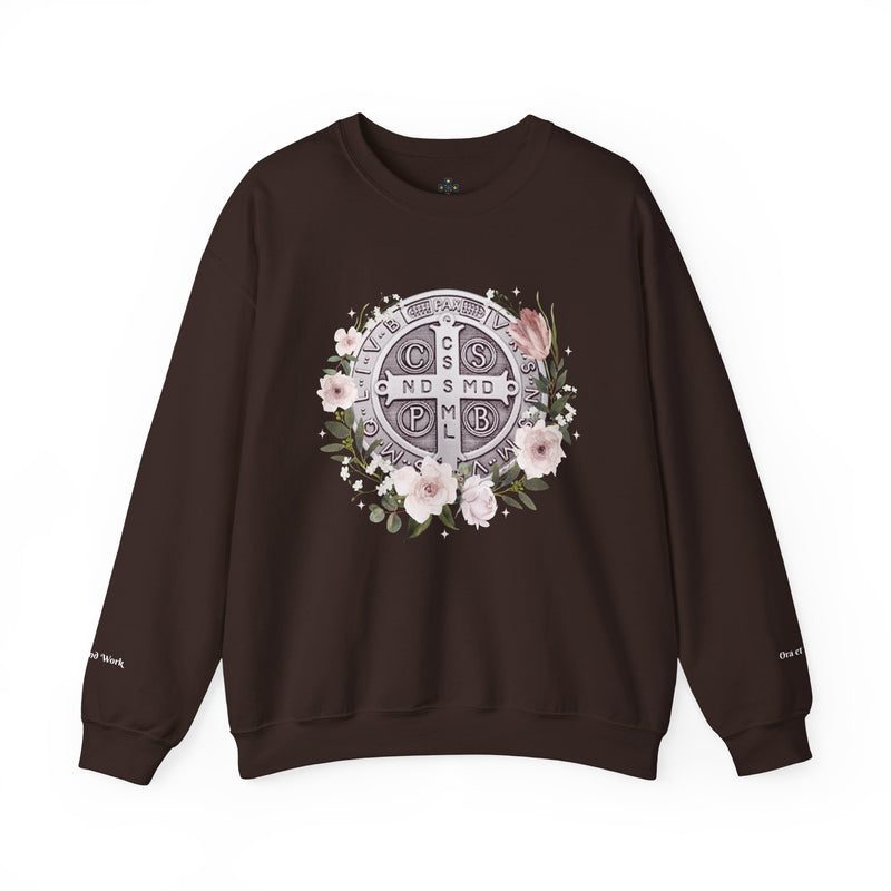 Benedictine Medal Crewneck Sweatshirt – Catholic Faith Floral Design w/ Ora et Labora/Prayer and Work