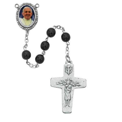 7MM Black Glass Pope Francis Rosary – Pectoral Cross & Photo Center – Comes in Plastic Gift Box