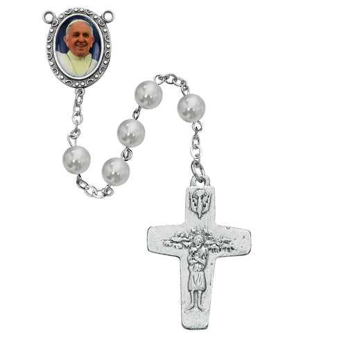 7MM Glass Pearl Pope Francis Rosary – Pectoral Cross & Photo Center – Comes in Plastic Gift Box