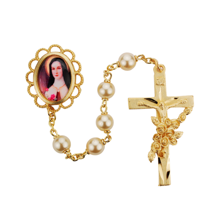 7MM St. Therese Pearl Gold Rosary