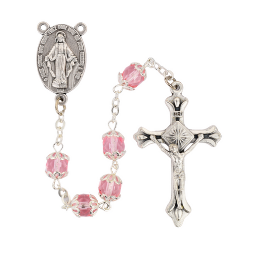 7mm Pink fire polished crystal Beads Rosary finished with an oxidized silver center and crucifix perfect for personal collection or a gift to your family and friends on any occasion.
