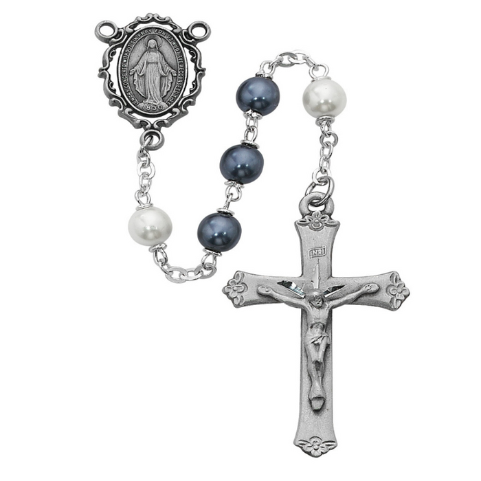 7mm White and Blue Pearl Bead Rosary with Miraculous Center