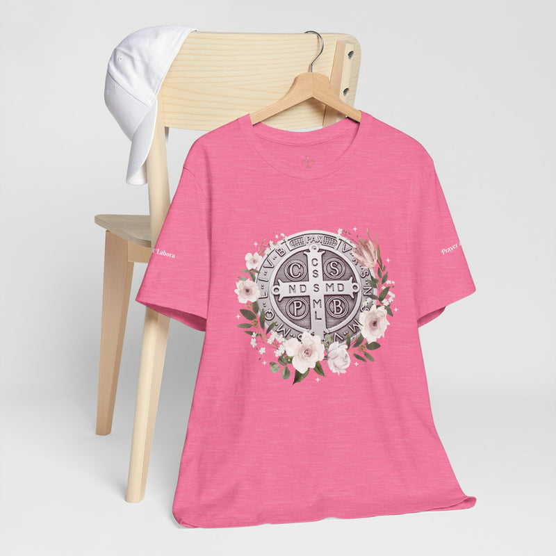Benedictine Medal T-Shirt – Catholic Faith Floral Tee with Ora et Labora/Prayer and Work