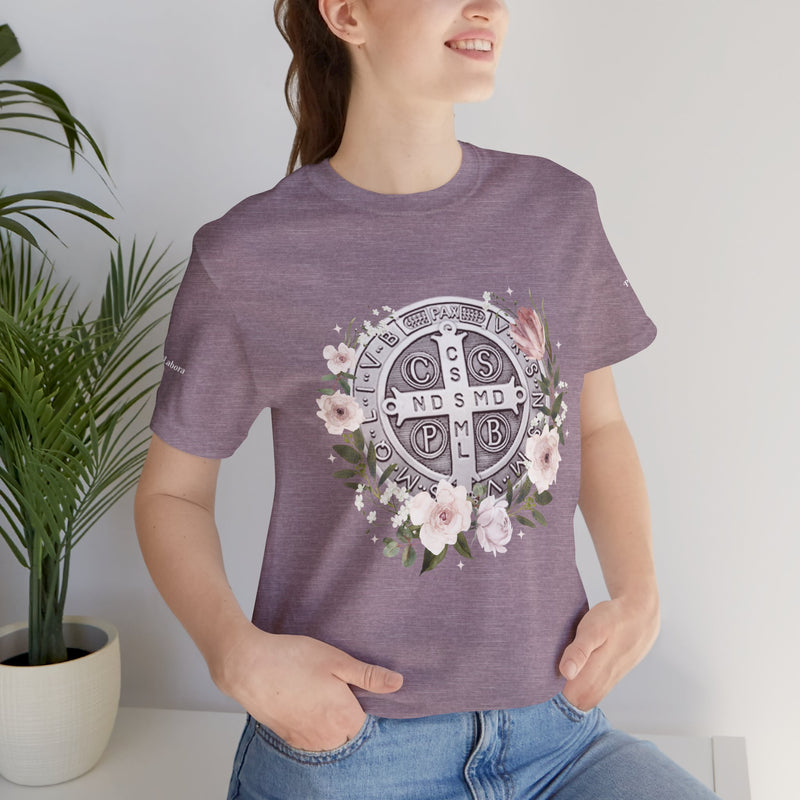 Benedictine Medal T-Shirt – Catholic Faith Floral Tee with Ora et Labora/Prayer and Work