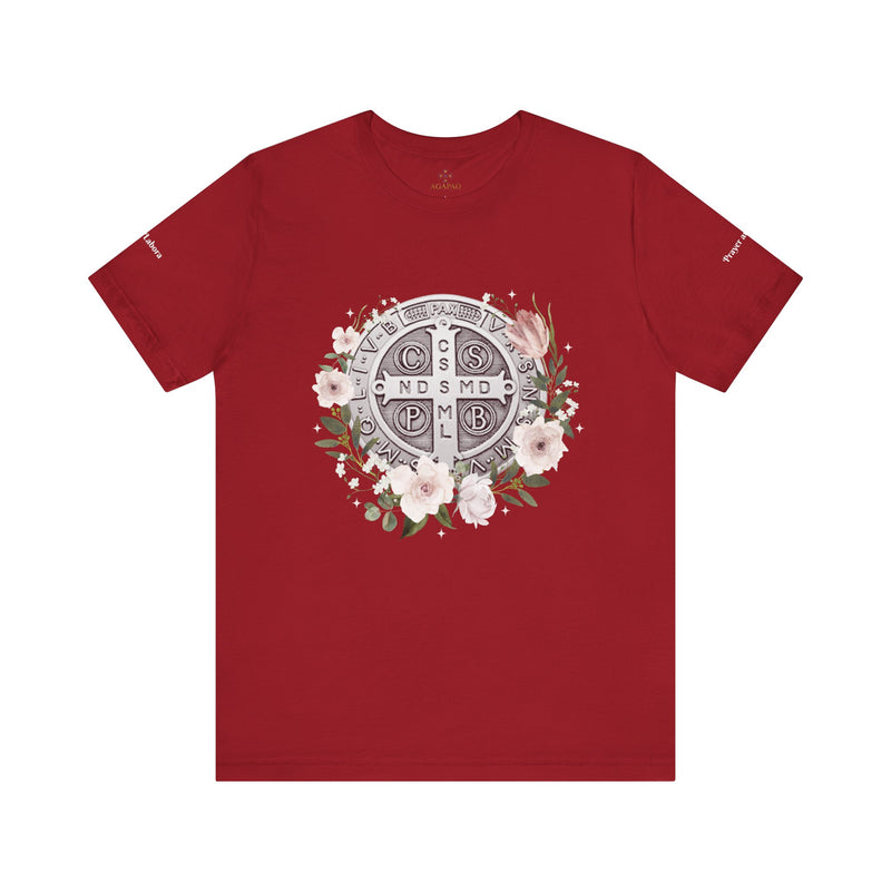 Benedictine Medal T-Shirt – Catholic Faith Floral Tee with Ora et Labora/Prayer and Work