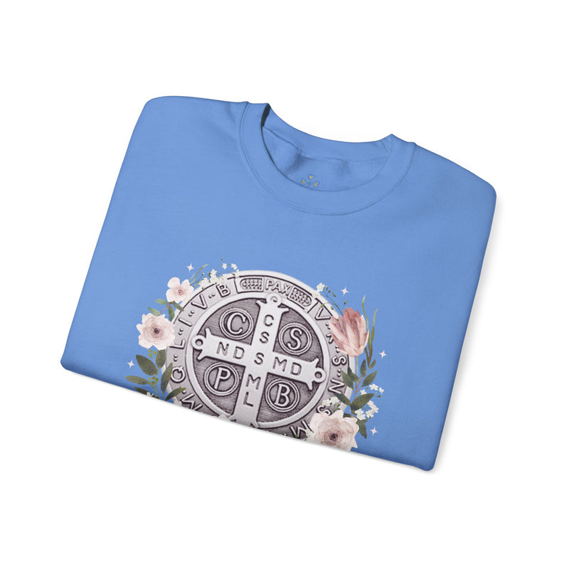 Benedictine Medal Crewneck Sweatshirt – Catholic Faith Floral Design w/ Ora et Labora/Prayer and Work