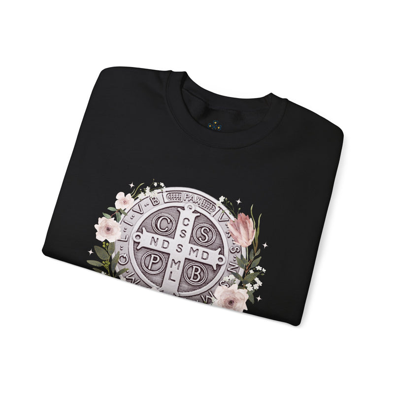 Benedictine Medal Crewneck Sweatshirt – Catholic Faith Floral Design w/ Ora et Labora/Prayer and Work
