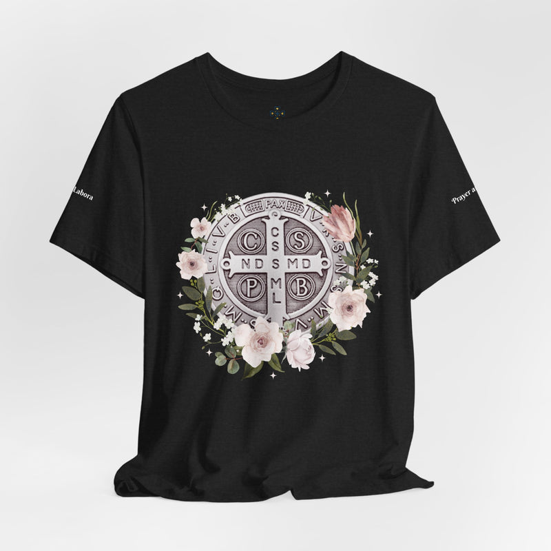 Benedictine Medal T-Shirt – Catholic Faith Floral Tee with Ora et Labora/Prayer and Work