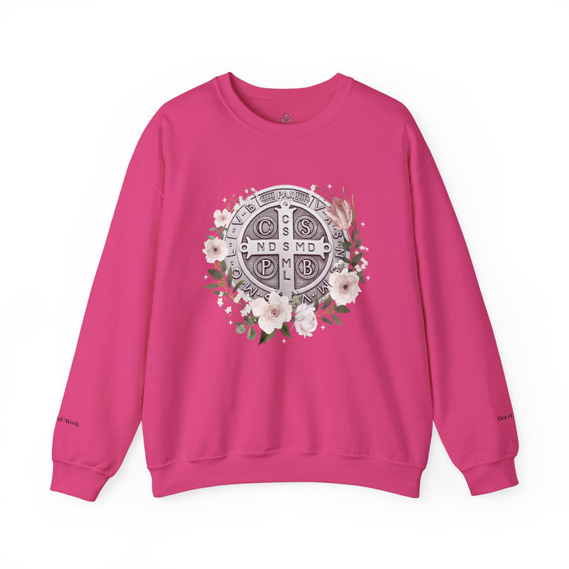 Benedictine Medal Crewneck Sweatshirt – Catholic Faith Floral Design w/ Ora et Labora/Prayer and Work