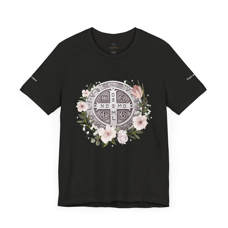 Benedictine Medal T-Shirt – Catholic Faith Floral Tee with Ora et Labora/Prayer and Work