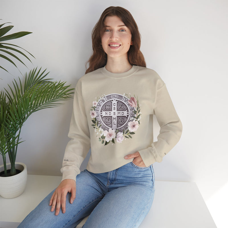 Benedictine Medal Crewneck Sweatshirt – Catholic Faith Floral Design w/ Ora et Labora/Prayer and Work