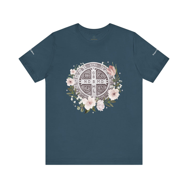 Benedictine Medal T-Shirt – Catholic Faith Floral Tee with Ora et Labora/Prayer and Work