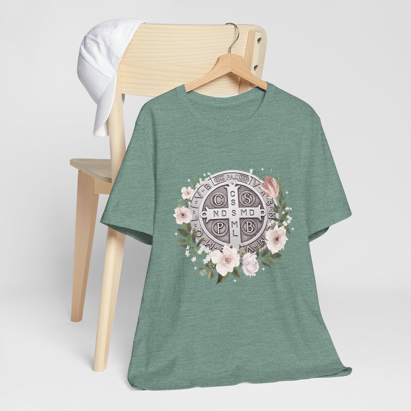 Benedictine Medal T-Shirt – Catholic Faith Floral Tee