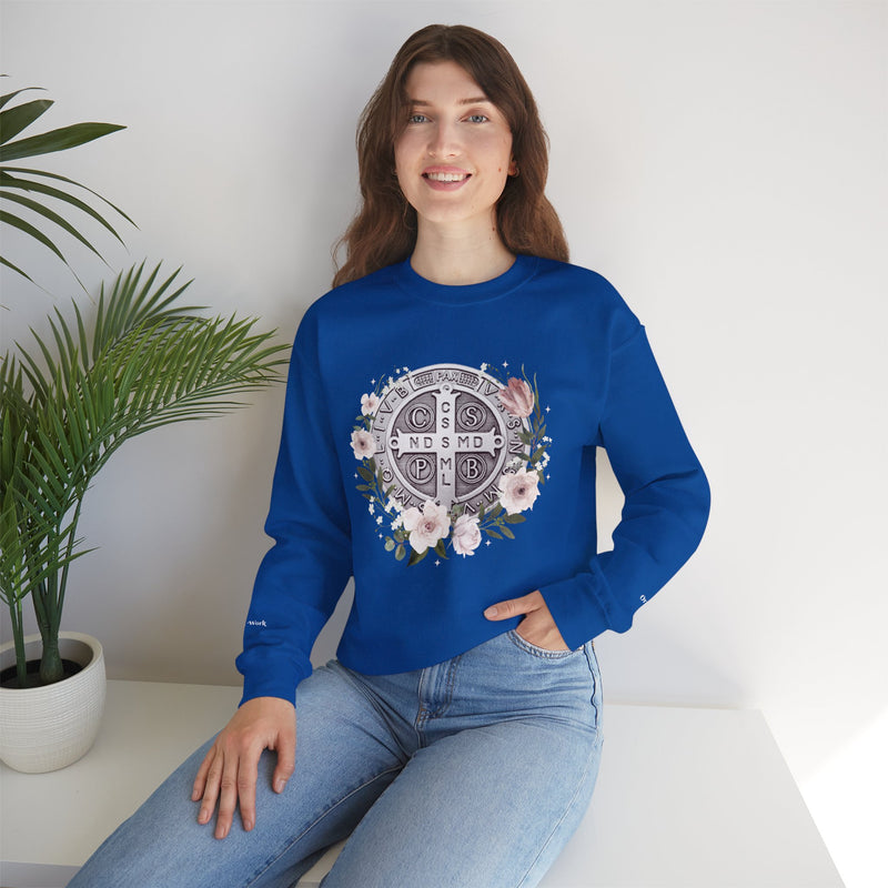 Benedictine Medal Crewneck Sweatshirt – Catholic Faith Floral Design w/ Ora et Labora/Prayer and Work