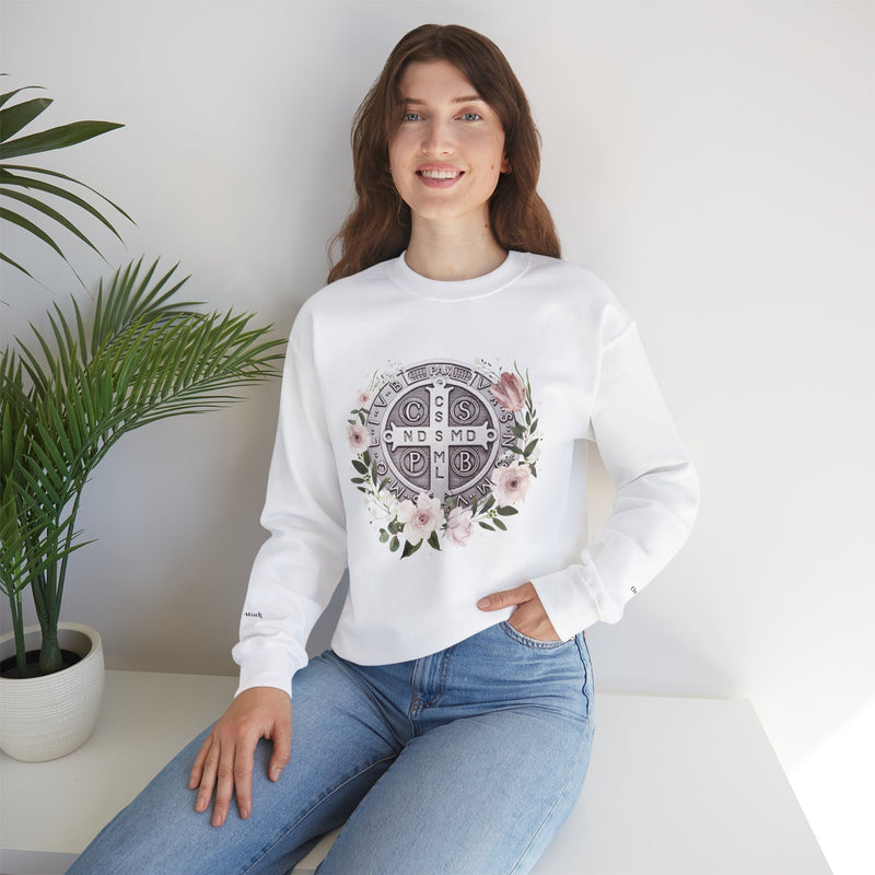 Benedictine Medal Crewneck Sweatshirt – Catholic Faith Floral Design w/ Ora et Labora/Prayer and Work