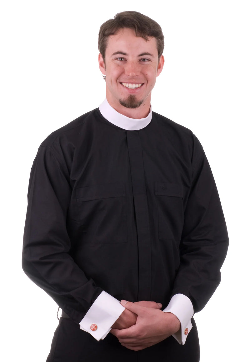 8800 Long Sleeve Black NB Clergy Shirt with White French Cuffs – Premium Clerical Apparel for Comfort & Style