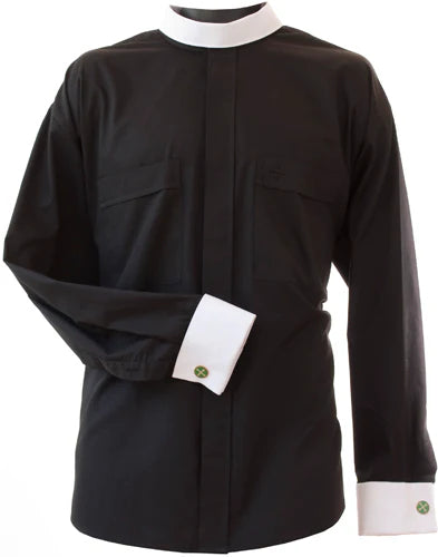 8800 Long Sleeve Black NB Clergy Shirt with White French Cuffs – Premium Clerical Apparel for Comfort & Style