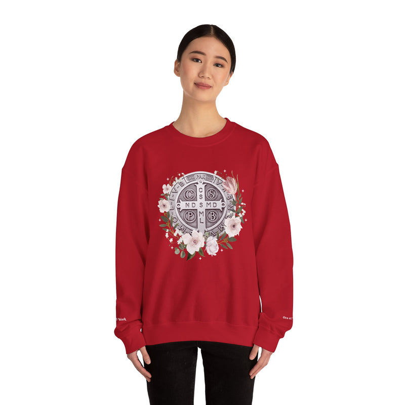 Benedictine Medal Crewneck Sweatshirt – Catholic Faith Floral Design w/ Ora et Labora/Prayer and Work