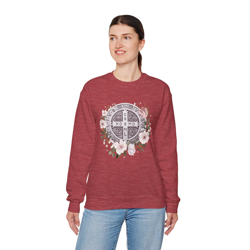 Benedictine Medal Crewneck Sweatshirt – Catholic Faith Floral Design w/ Ora et Labora/Prayer and Work