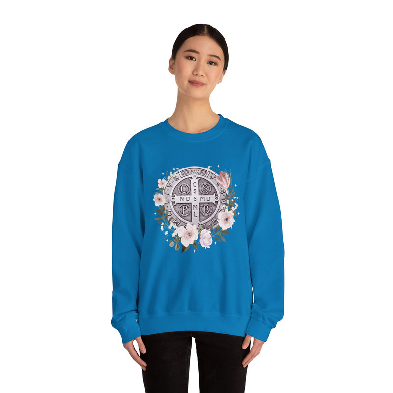 Benedictine Medal Crewneck Sweatshirt – Catholic Faith Floral