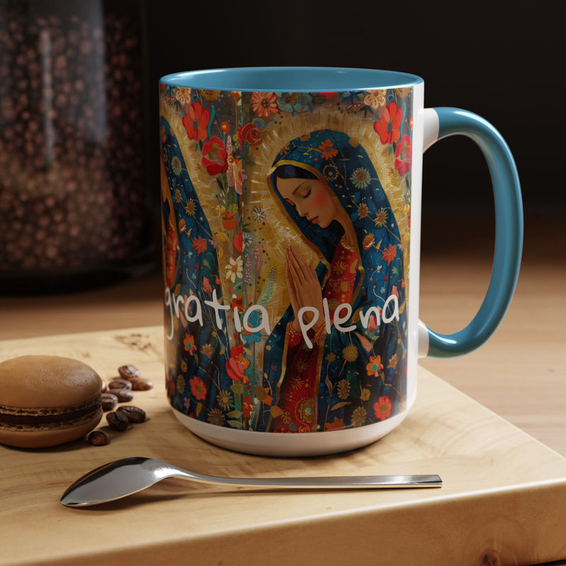 Our Lady Accent Coffee Mug – Ave Maria Gratia Plena Prayer Design (11/15oz)