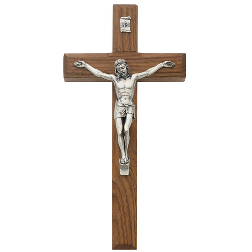 8" Beveled Walnut Crucifix with Silver Corpus