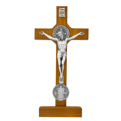 8" St. Benedict Crucifix in Walnut Stand