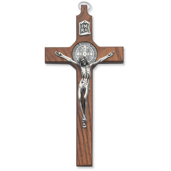 8" Walnut Crucifix with St. Benedict Medal