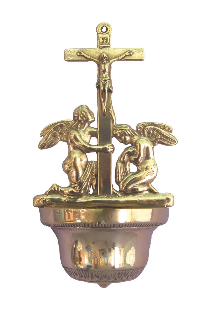 Brass Crucifixion Holy Water Font with Angels – 12.25" Italian Made