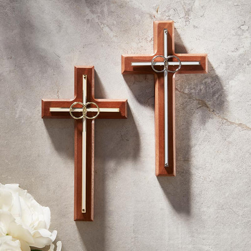 8" Gold Rings Wood Wedding Cross