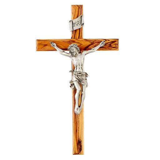 8" Olive Wood Pewter Beveled Edge Crucifix