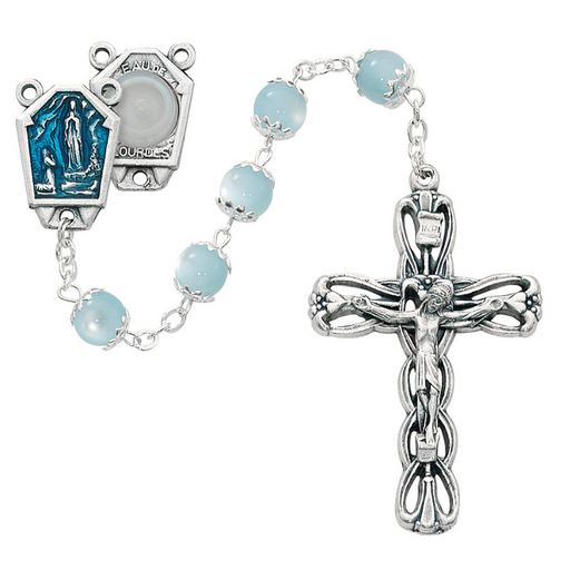 8mm Blue Glass Beads Our Lady of Lourdes Rosary With 23" Chain