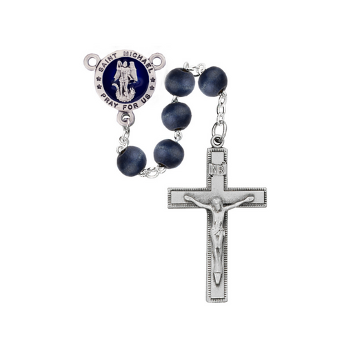 8mm Blue Wood Beads with Blue Epoxy St. Michael Rosary