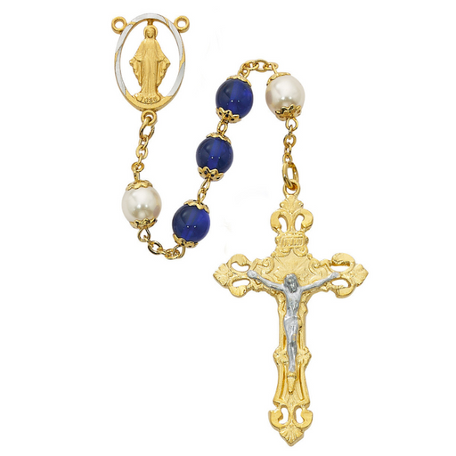 8mm Blue and Pearl Beads Miraculous Medal Rosary