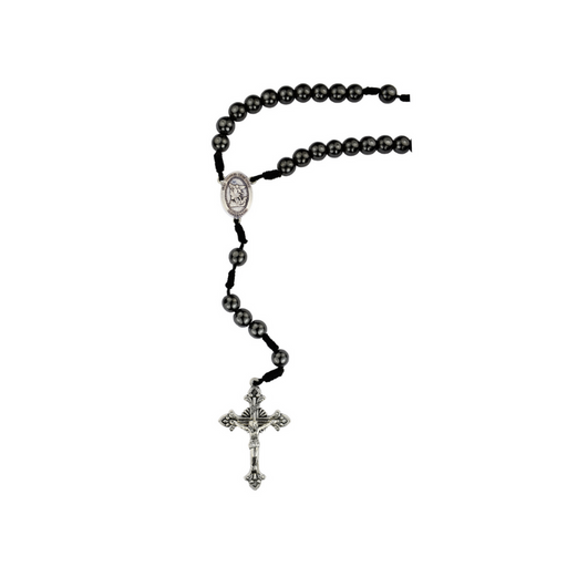 8mm Hematite Black Corded St. Michael Rosary on a Gift Box