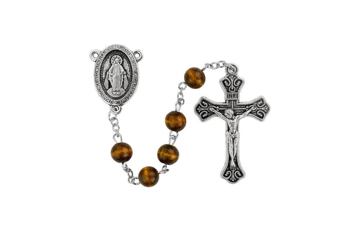 8mm Light Brown Wood Beads With Silver Ox Crucifix and Center Rosary
