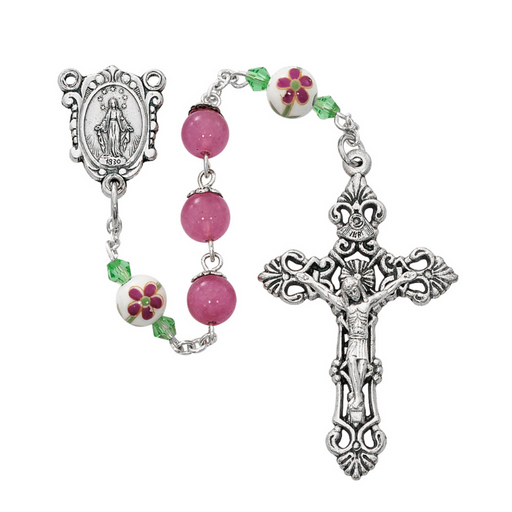 8mm Pink and Ceramic Bead Flower Miraculous Medal Rosary