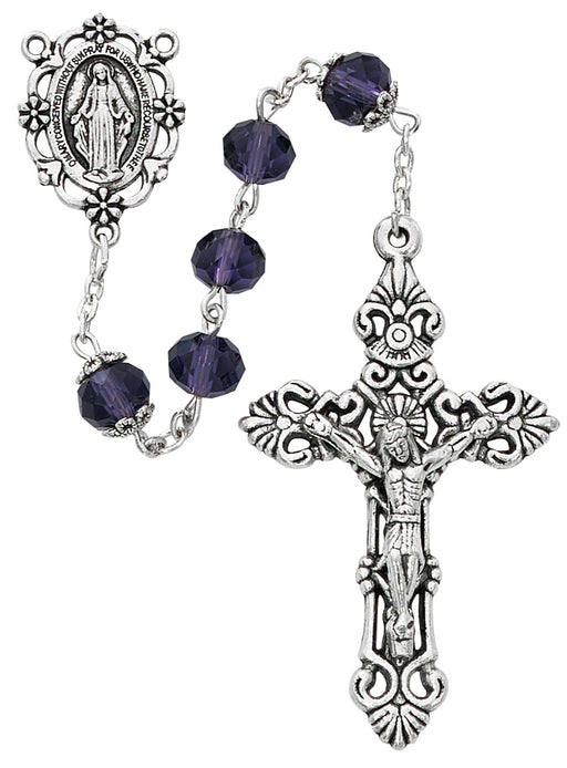 8mm Sun-Cut Amethyst Crystal Beads With Silver Ox Crucifix and Center