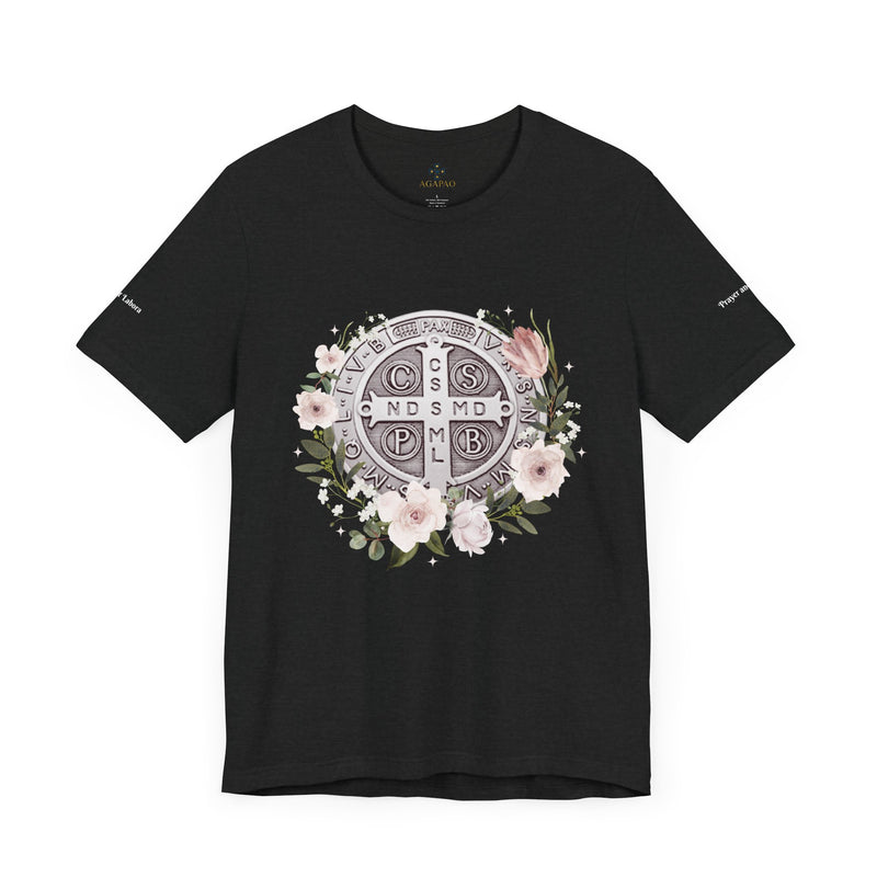 Benedictine Medal T-Shirt – Catholic Faith Floral Tee with Ora et Labora/Prayer and Work