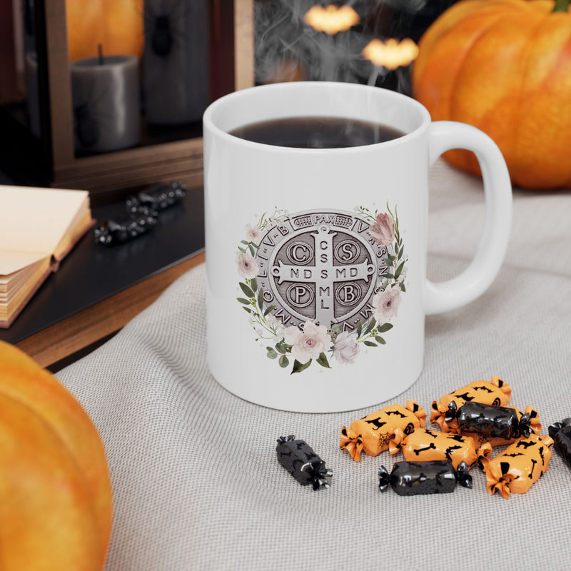 St. Benedict Medal Floral Catholic Coffee Mug