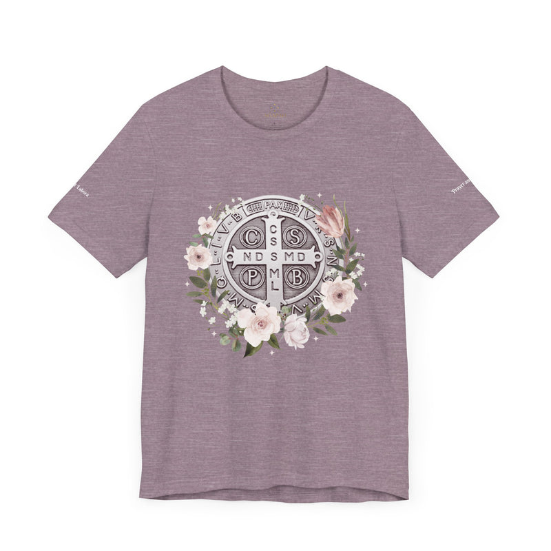 Benedictine Medal T-Shirt – Catholic Faith Floral Tee with Ora et Labora/Prayer and Work