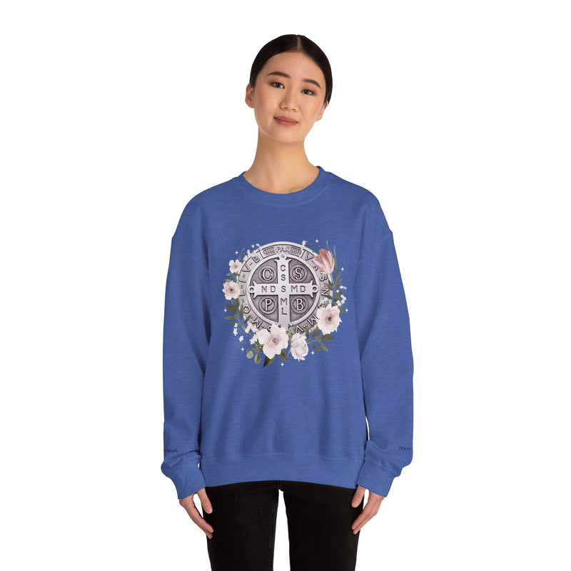 Benedictine Medal Crewneck Sweatshirt – Catholic Faith Floral Design w/ Ora et Labora/Prayer and Work
