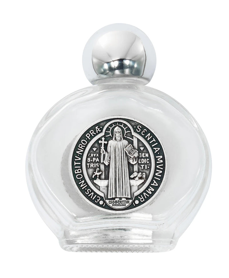 St. Benedict Round Glass Holy Water Bottle | Silver Ox Coin Image – Made in Italy (94-50)